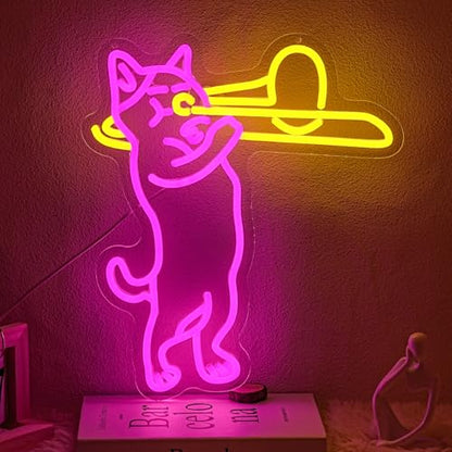 Cat Playing Trombone Neon Sign for Wall Decor Dimmable Cat Neon Lights Music LED Sign USB Powered Live Music Neon Signs for Pet Shop Music Room Bedroom Concert Dj Studio Bar - style: cat playing trombone
