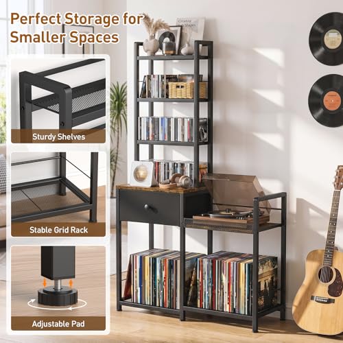 ikkle CD Rack with Drawer, 7-Tier DVD Organizer Shelf with Vinyl Storage | Media Storage Rack for CDs/DVDs, Vinyl Records, Books & Games, Ideal for Living Room & Home Office, 32.1x11.8x57.2 in, Brown
