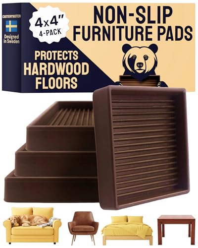 CasterMaster Non-Slip Furniture Pads - 4x4 in Brown, 4 Pack | Square rubber caster cups - anti-skid - Use for heavy sofas, beds & chairs on hardwood floors - color: Brown, size: 4'' x 4'' (Pack of 4)
