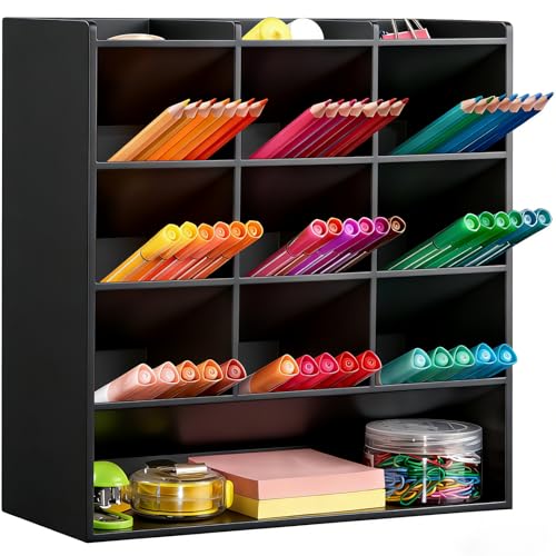 BEYGORM Acrylic Vertical Marker Organizer for 150 Markers with 13 Compartments, Angled Pen & Pencil Holder, Large Desk Stationery & Art Supply Storage for Office & School (10.2 x 9.8 x 4 Inch) - color: Black, size: For 150 Markers