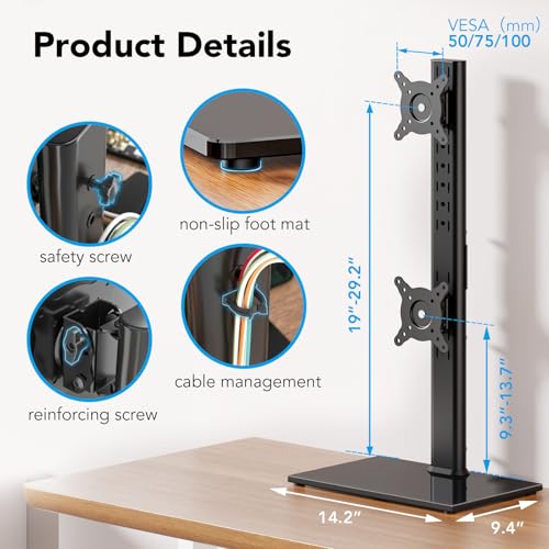 AX WABER Dual Monitor Stand Vertical Stack Screen Free-Standing Desk Mount Arm Riser Fits Two 13 to 34 Inch Computer Monitors with Swivel,Tilt, Height Adjustable,VESA Stand 100x100mm, 75x75mm AX05TB02 - size: Dual monitor stand