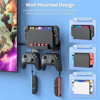 [Switch 2/1/OLED Compatible] Auarte Metal Wall Mount for Nintendo Switch 2 Console 2025, Switch 2 Accessories Organizer Shelf Base Kit Behind TV with Hook for Joypad/P-controller and 5 Card Slots - size: P-controller organizer