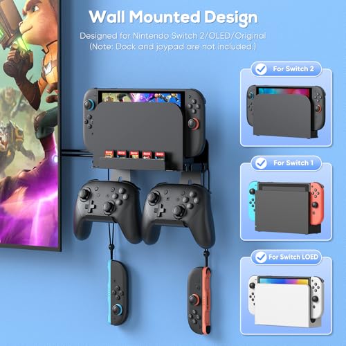 [Switch 2/1/OLED Compatible] Auarte Metal Wall Mount for Nintendo Switch 2 Console 2025, Switch 2 Accessories Organizer Shelf Base Kit Behind TV with Hook for Joypad/P-controller and 5 Card Slots - size: P-controller organizer
