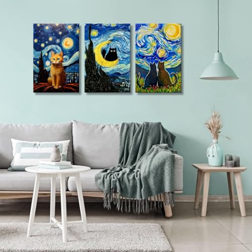 RVRBKTS 3 Framesd Starry Night Cats Canvas Wall Art Animals in Famous Paintings Poster Modern Art Picture Home Decor Print Vintage Style Oil Painting Print 12x16 In - color: Black star cat, size: 12x16inch