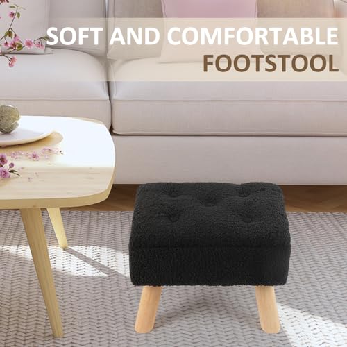OGEMXU Storage Ottoman, Small Foot Stool Ottoman with Storage, Boucle Teddy Velvet Foot Rest with Padded Seat, Sturdy Wood Legs Stool for Living Room, Bedroom, Couch, Enterway (Black) - color: Black