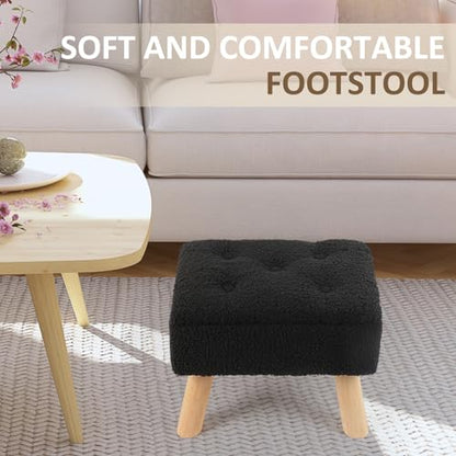 OGEMXU Storage Ottoman, Small Foot Stool Ottoman with Storage, Boucle Teddy Velvet Foot Rest with Padded Seat, Sturdy Wood Legs Stool for Living Room, Bedroom, Couch, Enterway (Black) - color: Black