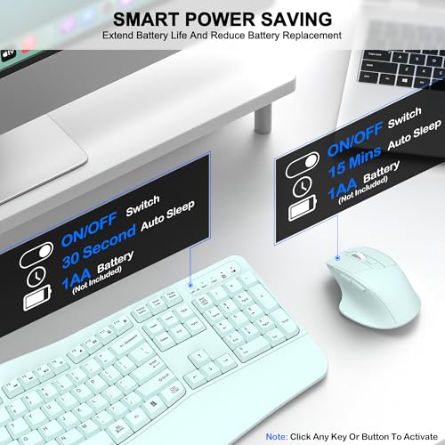 Wireless Keyboard and Mouse Combo, 2.4G Full Size Wave Keys Ergonomic Keyboard with Wrist Rest and 3-Level DPI Adjustable Wireless Ergonomic Mouse for Windows, Mac OS Desktop/Laptop/PC(Mint Green) - color: Mint green