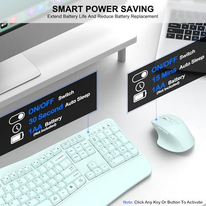 Wireless Keyboard and Mouse Combo, 2.4G Full Size Wave Keys Ergonomic Keyboard with Wrist Rest and 3-Level DPI Adjustable Wireless Ergonomic Mouse for Windows, Mac OS Desktop/Laptop/PC(Mint Green) - color: Mint green