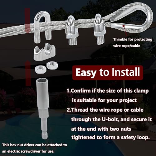 10Pcs M6 1/4 Inches Stainless Steel Wire Rope Clips Cable Clamp,5PCS Thimbles - size: 10 M6 Clips,5 Thimbles,1 Nut Driver