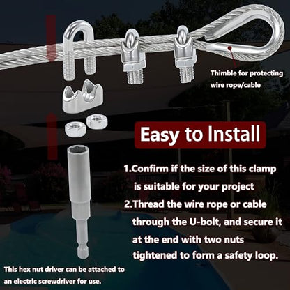 10Pcs M6 1/4 Inches Stainless Steel Wire Rope Clips Cable Clamp,5PCS Thimbles - size: 10 M6 Clips,5 Thimbles,1 Nut Driver