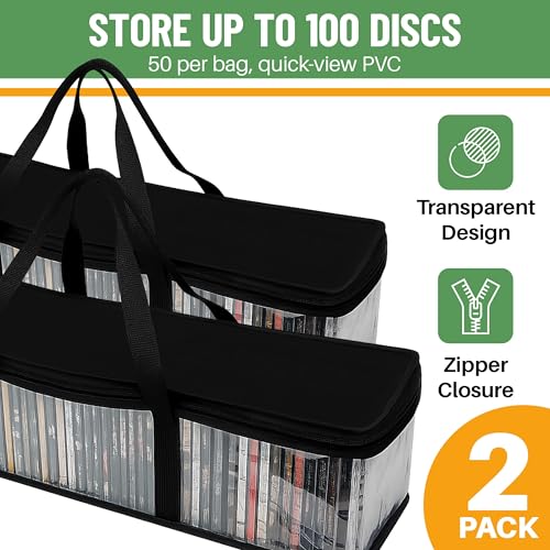 Evelots CD Storage Bags (2 Pack) Clear PVC Plastic Media Carrying Case with Zipper - Holds 100 CDs Total - Strong Handles - Protects CDs, Video Games, Music from Dirt & Moisture - size: 2-Pack (Holds 100), style: CD Storage Bag