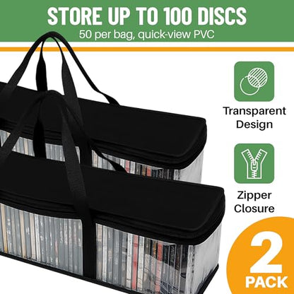 Evelots CD Storage Bags (2 Pack) Clear PVC Plastic Media Carrying Case with Zipper - Holds 100 CDs Total - Strong Handles - Protects CDs, Video Games, Music from Dirt & Moisture - size: 2-Pack (Holds 100), style: CD Storage Bag