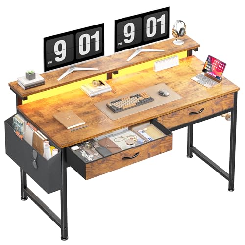 DurayLoly 47.3Inch Office Computer Desk with LED Lights & 2 Fabric Drawers, Gaming Desk with Side Pocket & Ergonomic Monitor Stand, Small Space Study Writing Table with Anti-Tip Design, Rustic Brown - color: Brown, size: 47.3 Inch
