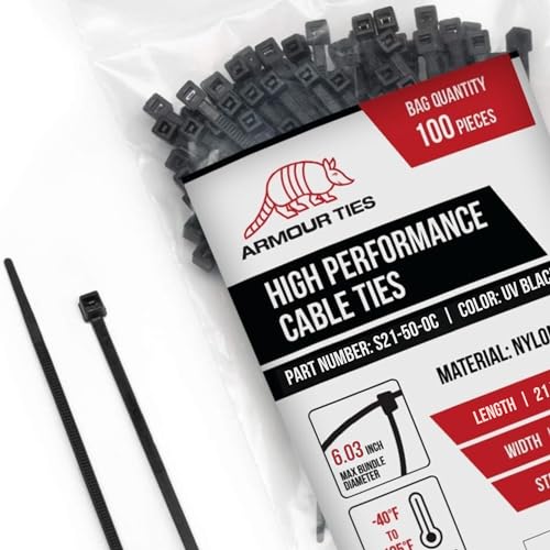 21-inch Black Zip Ties Heavy Duty UV Resistant Nylon Cable Ties, 50lb Tensile Strength, 100-Pack - Durable Wire Ties, Heavy Duty Tie Straps Indoor and Outdoor Cable Management Solution by ARMOUR TIES - size: 21 Inch