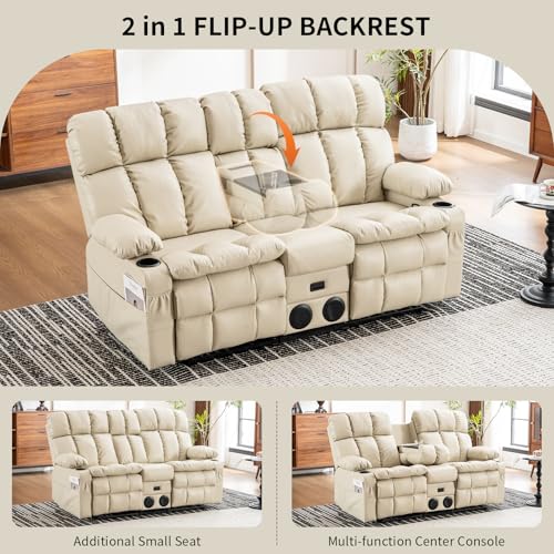 Loveseat Recliner Sofa with Massage & Heat, Flip Backrest, Reclining Loveseat with Console, Bluetooth Speaker, USB/Outlet/Storage/Cup Holder/Side Pocket, RV Sofa, Home Theater Seating, Beige - color: Beige, size: Loveseat with Console