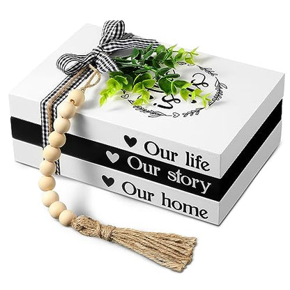 Capoda 3 Pcs Decorative Books for Home Decor Farmhouse Faux Stacked Books Wooden Rustic Table Decor with Bead Garland Twine Ribbon Faux Leaf for Table(This is Us) - style: This is us