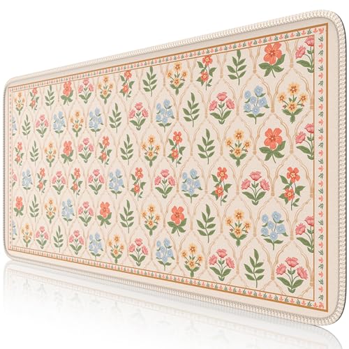 iCasso Floral Desk Pad Mat, Large Mouse Pad, Desk Matt for Desktop, Anti-Slip XXL Big Mousepad with Stitched Edges for Computer Keyboard (Beige Moroccan) - color: Beige Moroccan