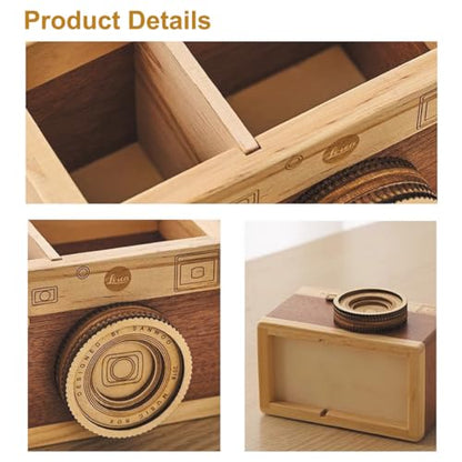 HAOXU 1pc Wooden Unique Pen Holder, Retro Camera Learning Stationery Pencil Holder For Student, Office And Home Small Item Storage Decoration Bucket - Style B