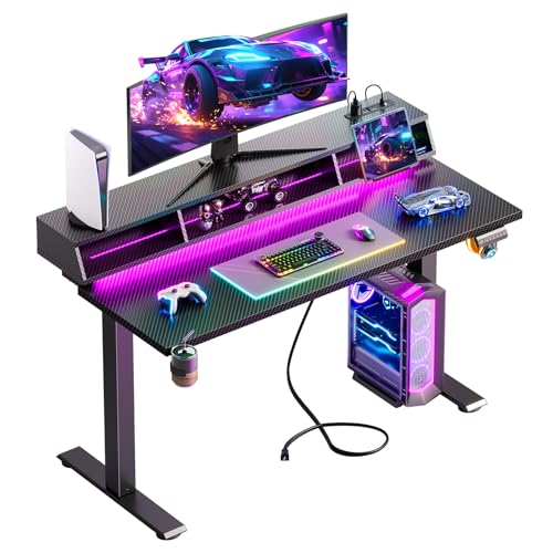 OffiGo Gaming Standing Desk with LED Light, 48 Inch Electric Height Adjustable Table with Power Outlet & Floating Monitor Stand, Sit Stand Computer Workstation for Home, Bedroom, Black