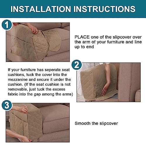 Turquoize 2 Pack Waterproof Armrest Covers for Chairs and Sofas Couch Arm Covers for Sofa Armrest Covers with Side Pocket Anti-Slip Furniture Protector Washable Armrest Slipcovers Set of 2, Khaki - color: Single Diamond- Khaki