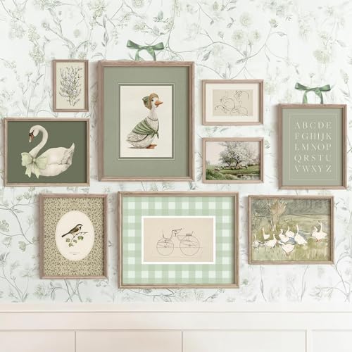 Vodefoad Sage Green Nursery Wall Art Set Vintage Cute Kids Nursery Wall Decor Baby Girl Room Decor Swan Rabbit Brid Duck Landscape Canvas Painting Retro Antique Green Nursery Poster Girls Gallery Art for Kids Bedroom, Nursery Room Decor- Unframed - color: