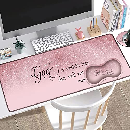 Large Gaming Mouse Pad + Mouse Wrist Rest Pad + Coaster Combination, 31.5 "x 11.8" Durable Non-Slip Extension Table Mat, Suitable for Office and Home, Bible Psalm 46-5 - color: Bible Psalm 46-5