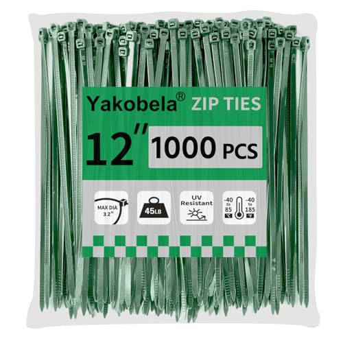 Green Zip Ties 12", 1000 Pack, Cable Ties UV Resistant, Wire Ties 45 lbs Tensile Strength for Garden, Plants, Fence, Holiday Lights, Yakobela - size: 12" (1000 pack)