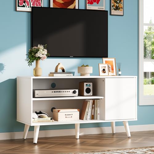 WLIVE TV Stand for 43 Inch TV, Small Entertainment Center with Storage Cabinet & Adjustable Shelves, Mid-Century Modern TV Stands for Living Room and Bedroom, TV Console Suit 32 Inch TV, White - color: White, size: 39 Inch