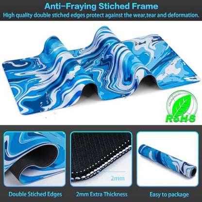 Canjoy Gaming Mouse Pad, Fluid Pattern Mouse Pad 35.4x15.7inch Large Extended Computer Mouse Mat Keyboard Full Desk Mousepad for Gaming, Office, Home - color: Blue-White Fluid, size: 900*400mm