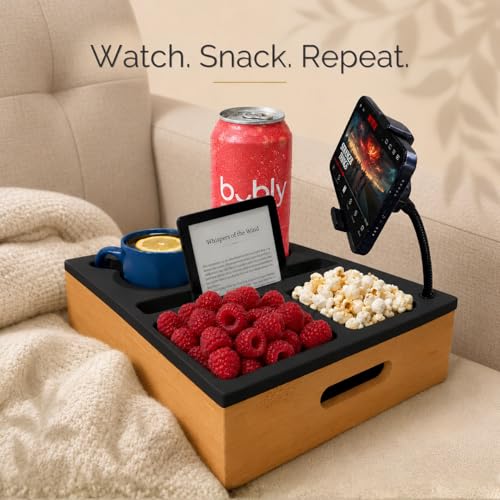 Couch Caddy with Cup Holder | Wood Couch Cup Holder Tray for Drinks, Snacks & Remotes | Sofa Couch Organizer with Phone & Cup Holder Tray (Black) - color: Black