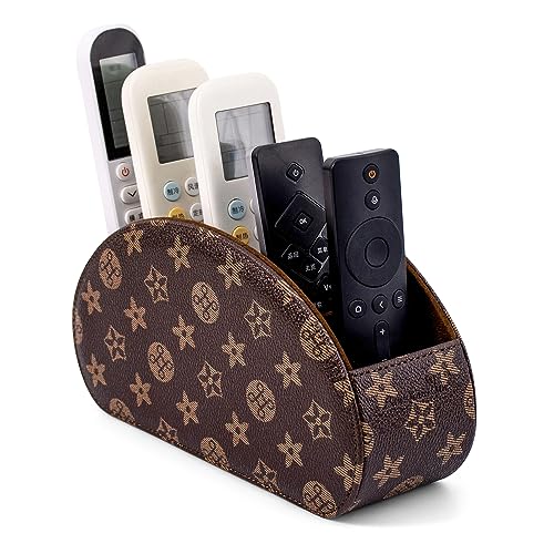 Remote Control Holders Organizer Box with 5 Compartment PU Leather Caddy | Multi-functional Office Desk Storage Caddy Store Tv Remote for Media Player,Brush,Pencil,Glassees&Office Supplies - color: Brown+KhakiF, size: S