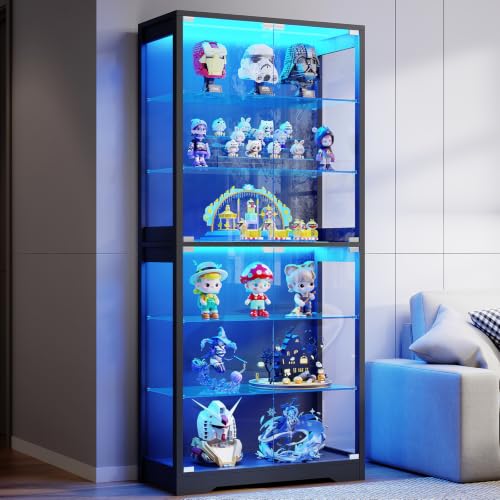 BROTTAR Display Cabinet with Glass Door, 6-Tier 71" Curio Cabinet with 3 Color Lights for Collectibles, Display Case with Adjustable Glass Shelves, Human Body Sensor, Storage Cabinets, Black - color: Black