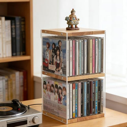 Rainmae CD Holder Desk Rack Organizer, Wooden CD Holder Stand, CD Storage Rack, Game Disc Display CD Organizer Desk Stand Protection Storage Cube, Fit for Theatre Room Collectibles Holds 24 CD Case - size: S