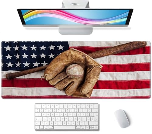 Old Baseball with USA American Flag Desk Pad Mouse Pad,Large Gaming Mouse Mat with Stitched Edges,Non-Slip Waterproof Rubber Base Mous Mat for Office Computer Keyboard Laptop Home(31.5X11.8 in) - color: Old Baseball With Usa American Flag
