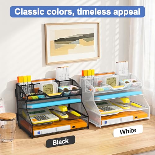 4 Tier Desk Orgnizers and Accessories, Metal Magazine File Holder with Pencil Holder and Handles, Space Saving Desk File Trays for School Office Supplies(Black) - color: 4-tier-black