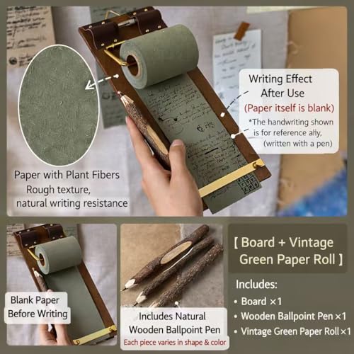 Retro Wall Mounted Memo Board with 1 Natural Dark Green Roll – Rustic Clipboard Notepad, Tearable Writing Pad for Notes, Menu, Kitchen, Café and Home Office Decoration - style: Dark Green Board + 1 Roll
