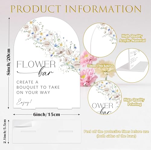 Flower Bar Sign Arch Acrylic Wedding Sign, Wild Flower Bridal Shower Decorations, 6x8" Boho Floral Table Signs for Wedding Reception Bachelorette Engagement Party Supplies - color: Flower Bar