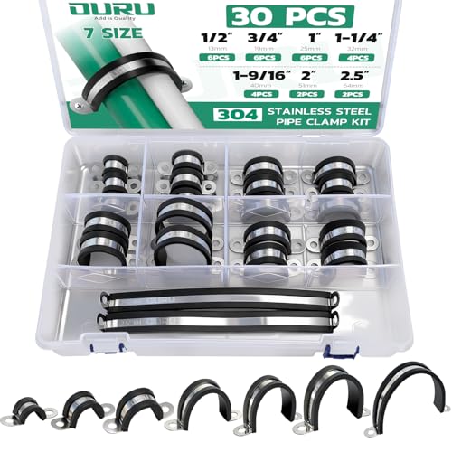 OURU 30pcs Pipe Clamp Assortment Kit 304 Stainless Steel, 7 Sizes (1/2"-2.5") Heavy Duty Rubber Cushioned Insulated Pipe Strap, U Bracket Clamp Conduit Clamp for Automotive, Wire & Tube - size: 1/2"-2.5"