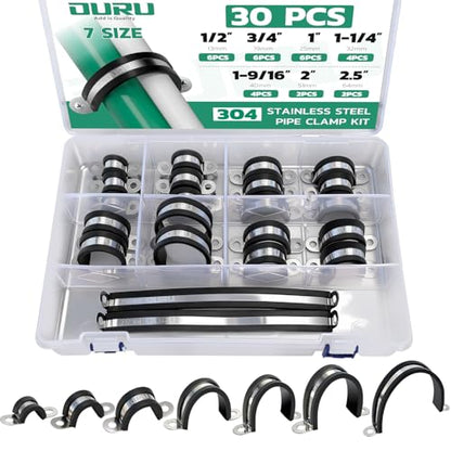 OURU 30pcs Pipe Clamp Assortment Kit 304 Stainless Steel, 7 Sizes (1/2"-2.5") Heavy Duty Rubber Cushioned Insulated Pipe Strap, U Bracket Clamp Conduit Clamp for Automotive, Wire & Tube - size: 1/2"-2.5"