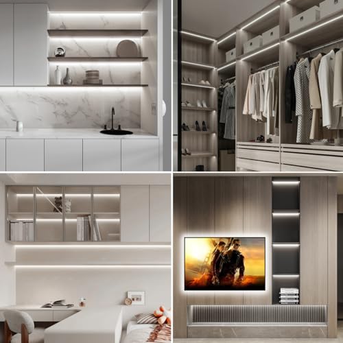 Under Cabinet LED Lighting kit, 6 PCS 6500K White LED Strip Lights Penetrable Wood Touch Dimmable COB LED Strip with 60W Adapter for Kitchen Cabinet,Counter,Shelf,TV Back,Showcase - color: White, size: 6.56Ft