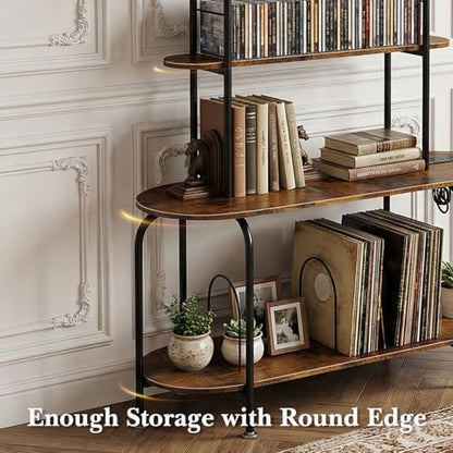 Faesun Record Player Stand with Storage, 5-Tier Turntable Stand with Charging Station, CD Storage with Adjustable Book Stoppers, for CDs, Vinyl Records, Books, Games, for Living Room, Bedroom, Rustic