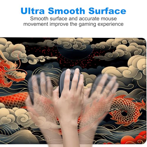 Desk Pad, Japanese Wave and Red Dragon Auspicious Clouds XL Gaming Mouse Pad with Stitched Edges,Non-Slip Waterproof Rubber Base Large Desk Mat for Keyboard and Mouse 31.5"x11.8" - color: Colour5, size: X-Large