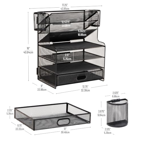 Mind Reader Mesh Desk Organizer, 6 Compartments, 1 Drawer, 2 Pen Cups, Office Desktop Organizer, Metal Mesh, Black