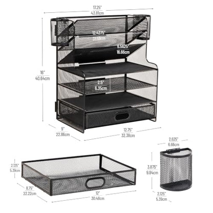 Mind Reader Mesh Desk Organizer, 6 Compartments, 1 Drawer, 2 Pen Cups, Office Desktop Organizer, Metal Mesh, Black