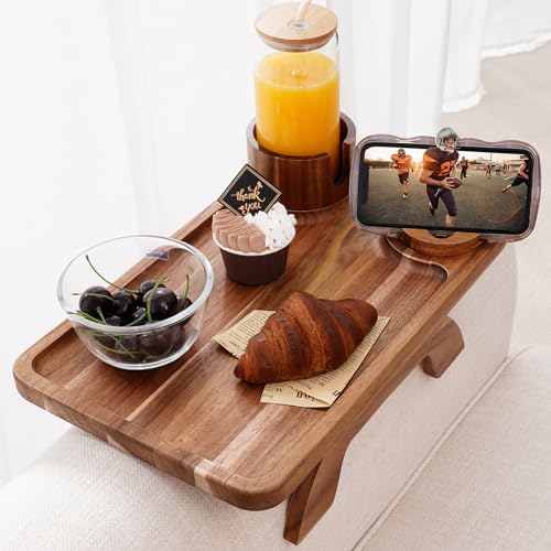 Nnewvante Couch Cup Holder Tray, 3 in 1 Large 15.36"x9.85" Acacia Wood Sofa Arm Clip on Tray Table with 360°Rotated Phone Holder on Armrest - color: Acacia