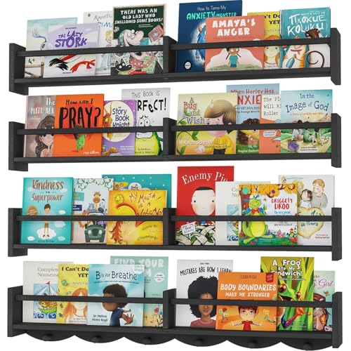 34Inch Nursery Bookshelves,Set of 4,Wall Floating Shelf Kids Coat Rack with 6Hooks,Hanging Book Shelf for Baby Nursery Room Décor ，Patent Number: 29958098(Black, 34) - color: Black