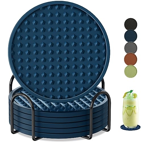 Coasters for Drinks 6 Pack Drinking Coasters with Holder,Heat Resistant Silicone Cup Mat Tabletop Protection,Non-Slip Rubber Coaster for Kinds of Cups (Blue) - color: Blue-metal Holder