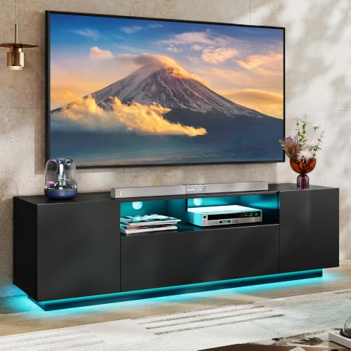 WLIVE LED TV Stand for 55/60/65 Inch TVs, Modern Entertainment Center with Storage Cabinets and Drawer, Gaming Media TV Console with RGB Lights for Living Room, Black - color: Black, size: 58'' Modern TV Stand