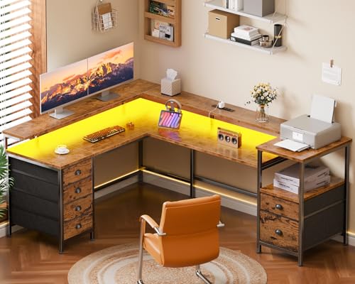 Furologee 66" Reversible L Shaped Gaming Desk with 6 Drawers & Printer Storage Shelves, Corner Computer Desk with Power Outlets & LED Lights, Home Office Table with Monitor Stand, Rustic Brown - color: Rustic Brown