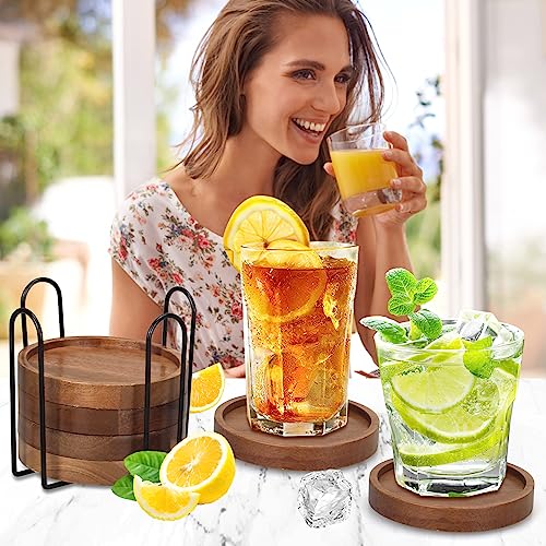 6 Pcs Best Wooden Coasters with Holder Coffee Table Decor Acacia Wood Coaster Set Modern Cup Coaster for Drink Home Dining Table Kitchen Accessories Cute Beer Bar Decorative Rustic Outdoor Coasters - style: 6 Pcs round